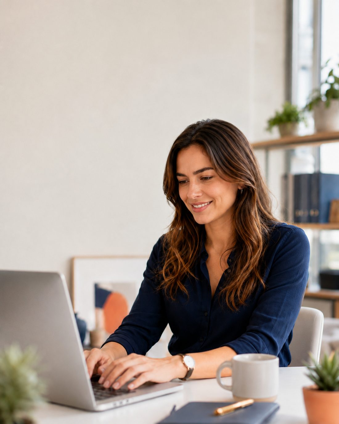 A social media manager smiling while reviewing and approving client content on her laptop